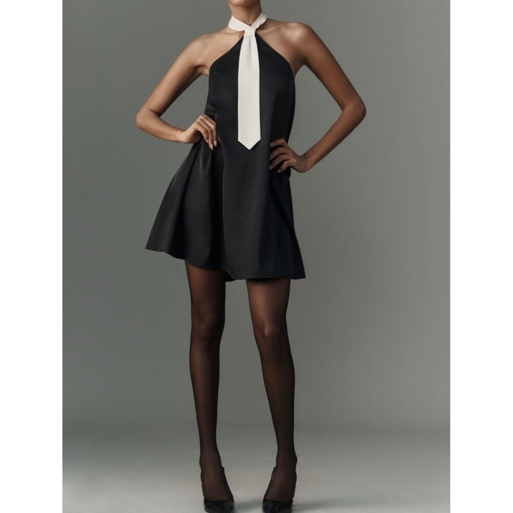 Anthropologie Flat White Satin Tie Halter Mini Dress Black Size M - Picture 3 of 6